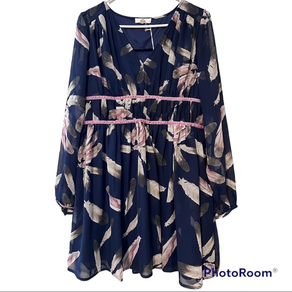ENTRO large womens feather print ruched empire waist with lavender velvet trim - Picture 1 of 14